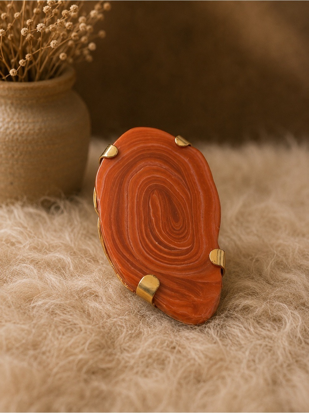 One of a Kind Genuine Banded Agate Stone Statement Ring Silver-Tone Artisan Boho